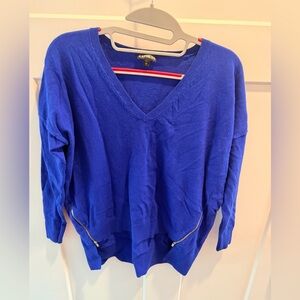 Express Blue Label V Neck Sweater Royal Blue Zip Hem Knit Pullover XS
